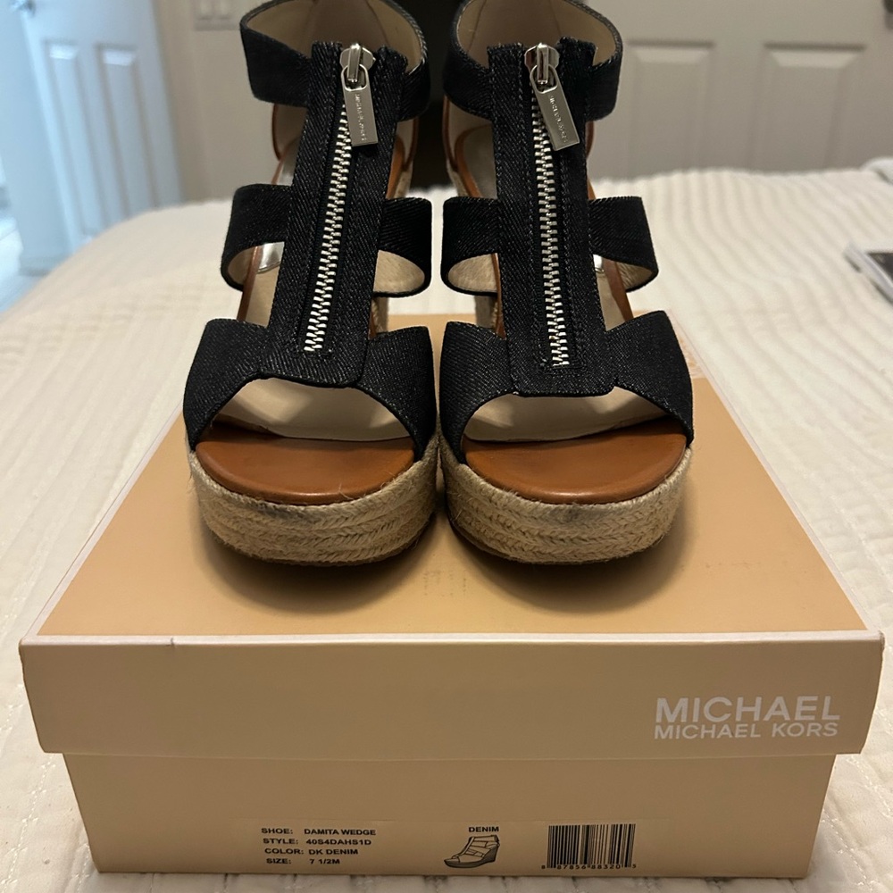Michael Kors Tan and Navy Denim Wedge Sandals - Picture 3 of 6